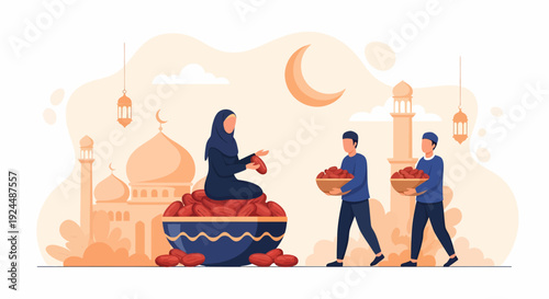 People walking and sitting with dates during Ramadan under a crescent moon