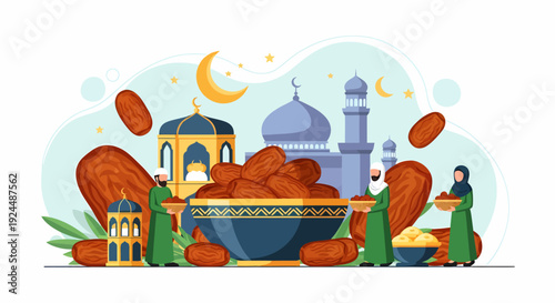Celebration of Ramadan with dates and mosque illustration during crescent moon night