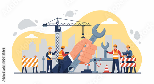 Construction workers operating heavy machinery on a building site with a cityscape in the background from a high vantage point