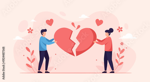 A couple holding a broken heart, symbolizing heartbreak and separation, in a romantic illustration with floral elements