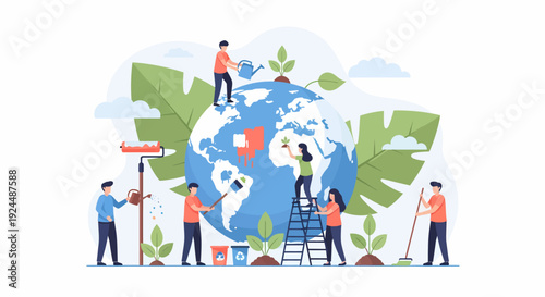 People working together to save the planet from diverse viewpoints around the globe illustration