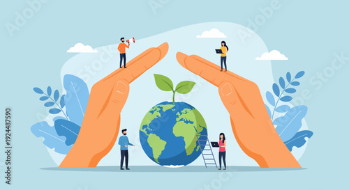 Hands cradling the Earth with people working together on environmental conservation efforts illustration