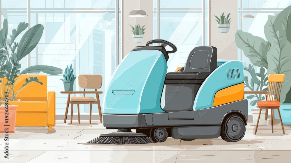 Fototapeta premium Modern floor scrubbing machine operating inside office building, specialized equipment for efficient indoor sweeping and professional facility maintenance