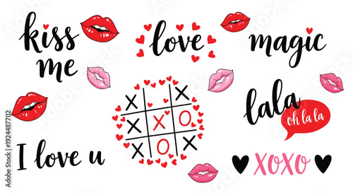 Valentine love lettering set with kisses, lips and romantic quotes, cute hand drawn typography elements for greeting cards and stickers