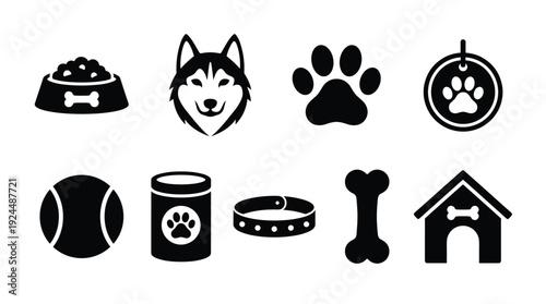 Dog pet icon set with paw print, bone, food bowl and kennel symbols in simple black silhouette style