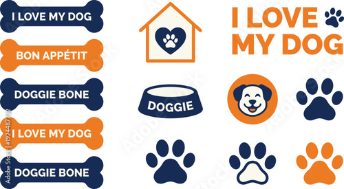 Dog lover typography and paw print icon set with bones, house logo and pet badges for branding and merchandise design