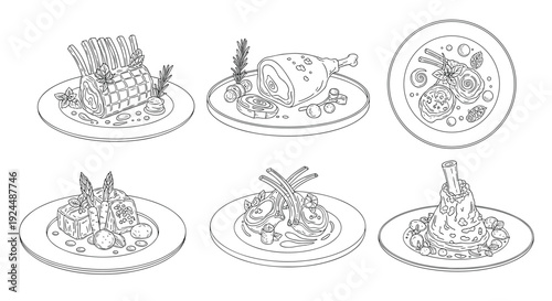 Collection of six gourmet meat dishes presented on plates, hand-drawn illustration style