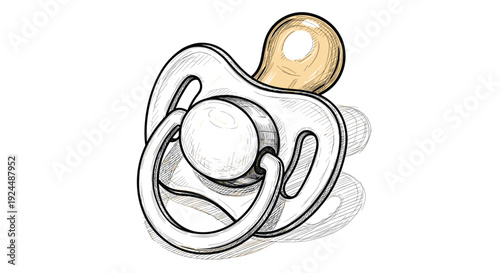 Hand-drawn sketch of a baby pacifier with a light brown nipple and white shield