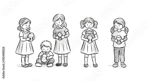 Diverse group of children holding decorated Easter eggs in a charming hand-drawn style
