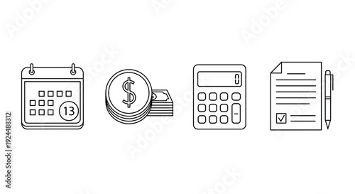 Financial planning icons: calendar, money, calculator, and document with pen