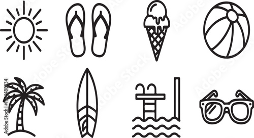 Iconic symbols representing various summer activities and items Vector
