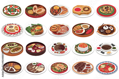 A colorful assortment of traditional and creative savory pancakes and dishes from various cuisines