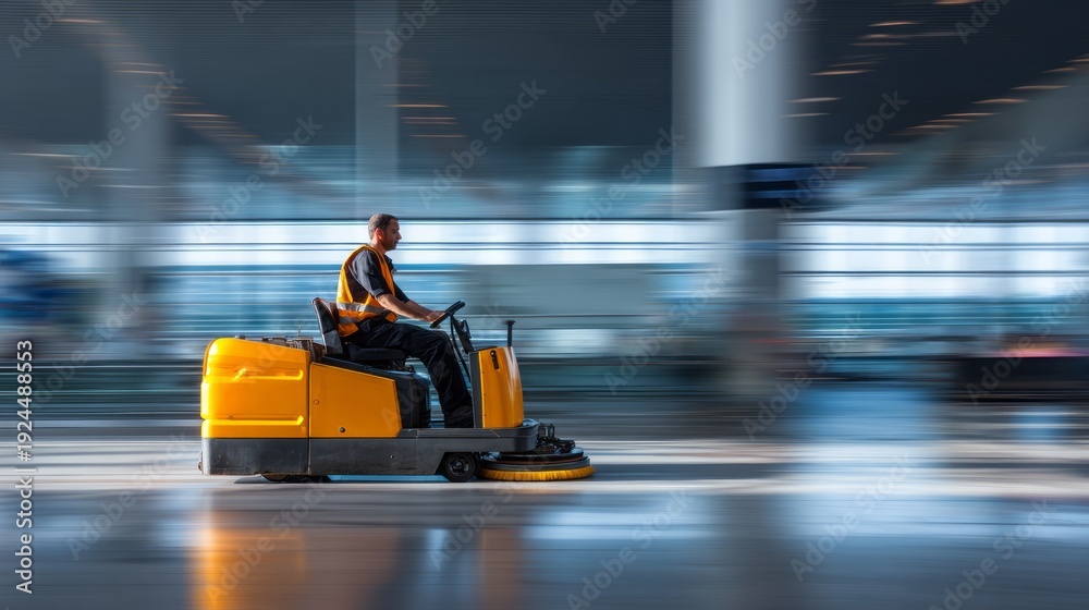 Fototapeta premium Man operating an industrial floor scrubber in a modern airport terminal, efficiently cleaning and maintaining shiny floors, showcasing professional janitorial work and commercial cleaning technology i