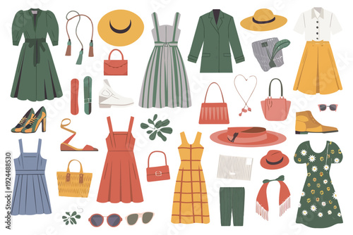 Vintage-inspired women's fashion accessories and clothing collection illustration