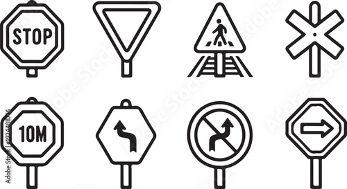 A collection of various road signs and symbols used for traffic regulation and guidance Vector
