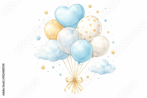 Watercolor illustration of baby shower balloons and clouds with stars on white background. concept of celebration, party decor, baby shower theme