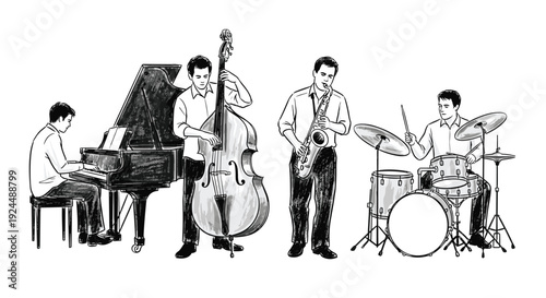 Jazz quartet performing live music with piano, upright bass, saxophone, and drums