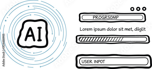 Illustration of artificial intelligence interface with input fields and program sample in a futuristic design concept