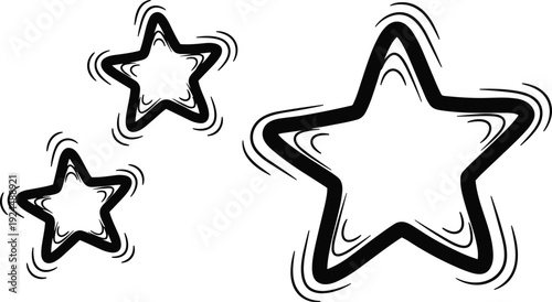 Three animated stars with motion blur, isolated on a simple background, viewed from a straightforward angle
