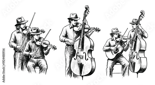 Vintage sketch of a folk band playing string instruments, capturing a lively musical performance