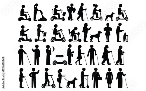 A collection of silhouettes depicting various human activities and animal interactions