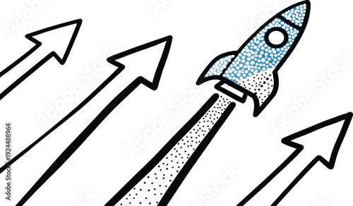 A stylized illustration of a rocket soaring upwards surrounded by ascending arrows