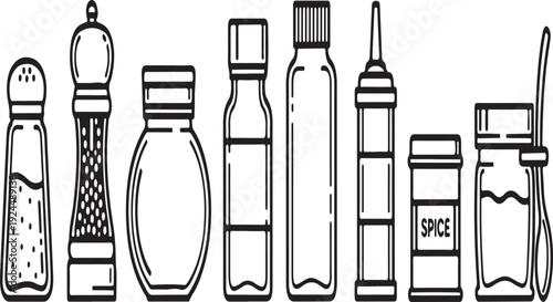 Assorted kitchen containers and seasonings on a white background Vector