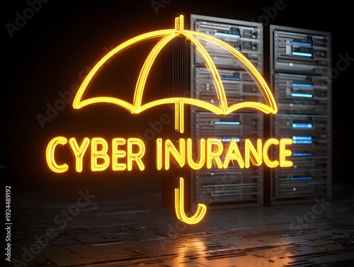 Cybersecurity Shield: A vibrant neon sign illuminates the concept of cyber insurance, shielding secure servers and symbolizing protection in the digital realm. 