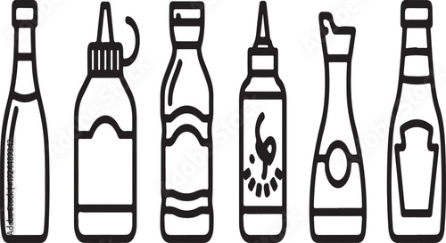 Assorted bottles and containers with various liquids and labels Vector