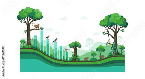 Vector illustration of a vibrant infographic showcasing wildlife and climate change data with a cityscape and natural landscape, highlighting conservation efforts and statistics