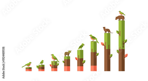 Vector infographic illustration showing endangered species statistics with a graph of growing plants and birds, representing wildlife climate change data and conservation efforts worldwide