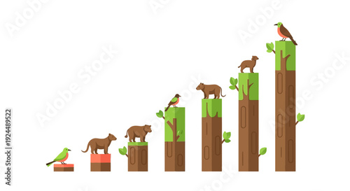 Infographic illustration showing a bar chart with animals on tree stumps representing wildlife climate change data and endangered species statistics in a nature conservation context