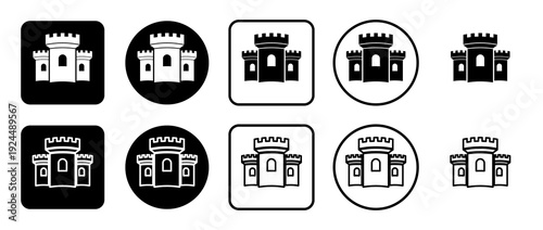 Icon set of castle symbol. Filled, outline, black and white icons set, flat style.  Illustration on transparent background