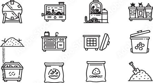 A collection of various kitchen appliances and utensils in a simple line drawing style Vector