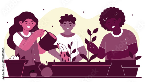 Happy diverse children watering small plants and potting seedlings with gardening tools indoors.