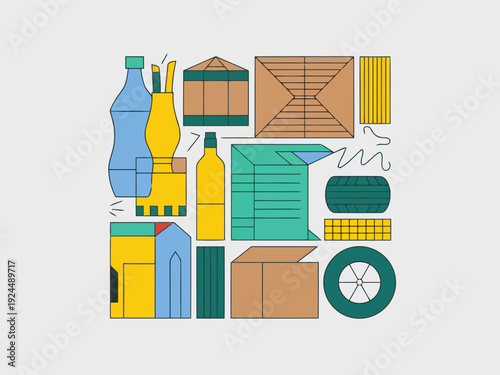 Assorted recyclable items and household products displayed together