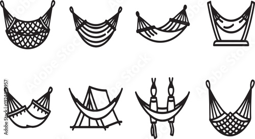 A diverse collection of intricately designed hanging hammocks and suspended beds Vector