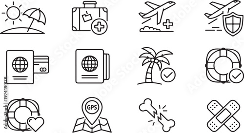 Illustrations of various travel and vacation related icons and symbols. Vector