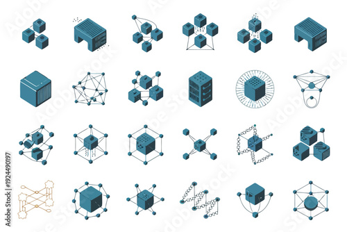 Visual representations of geometric shapes, graphs, and data structures in a modern design style