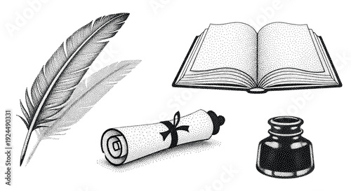 Vintage writing tools: quill, ink, scroll, and open book in stippled illustration
