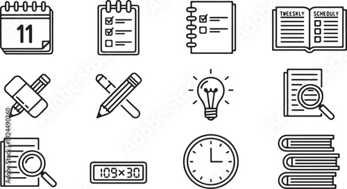 A collection of icons representing various study and research activities Vector