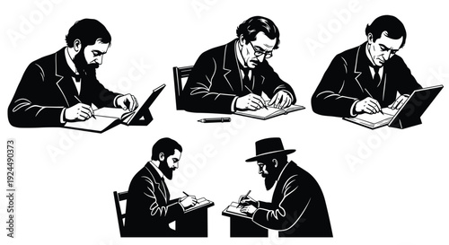 Vintage illustration of men in suits writing at desks, capturing a historical moment of study and work