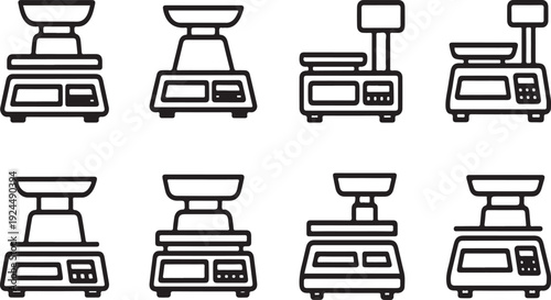 A variety of vintage and modern weighing scales displayed in a row Vector