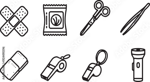 A collection of essential items for first aid and emergency situations. Vector