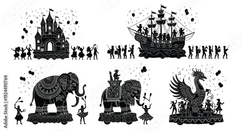 Whimsical parade floats featuring a castle, ship, elephants, and mythical creature with performers