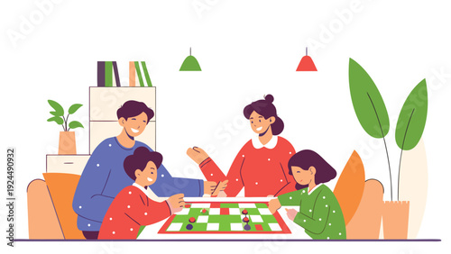 Happy family with parents and children playing a board game together at a table in their bright home.
