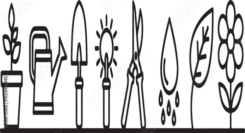 Illustration of gardening tools and plants for a thriving garden. Vector