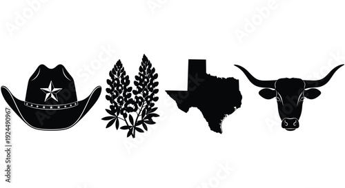 Iconic Texas symbols: cowboy hat, bluebonnets, state outline, and longhorn cattle head