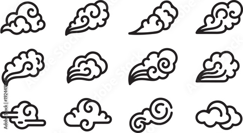 A collection of twelve different types of clouds in a variety of shapes and sizes Vector