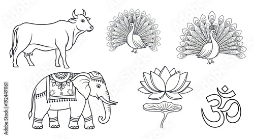 Indian cultural symbols: cow, elephant, peacock, lotus, OM symbol illustration